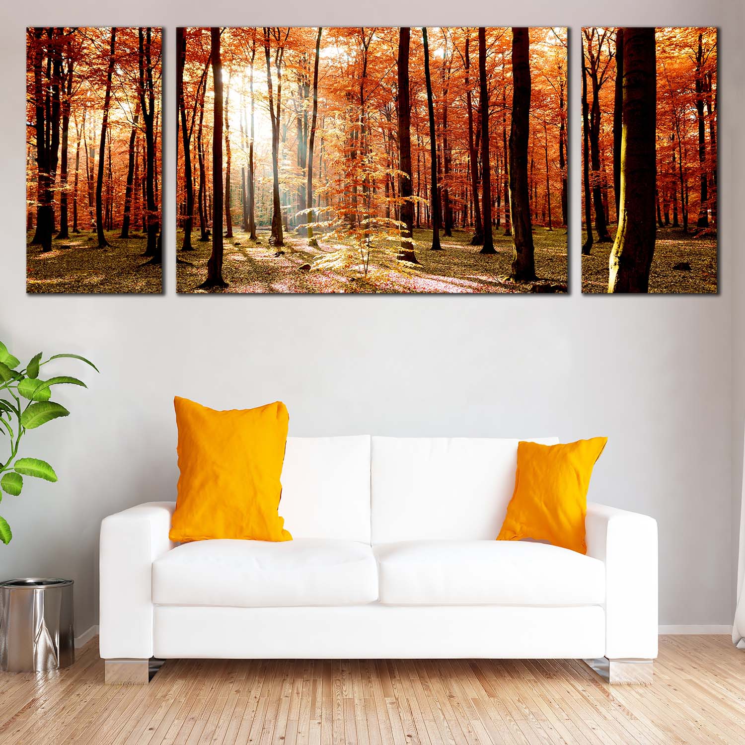 Forest Scenery Canvas Print, Orange Autumn Trees Sunrise Triptych Canv ...