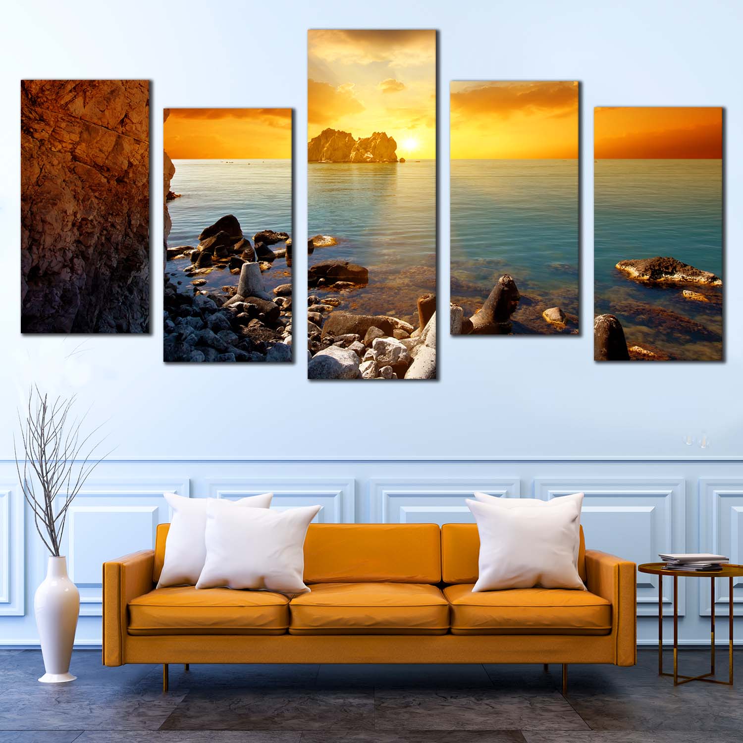 Dramatic Sunset Canvas Wall Art, Blue Sea Ocean Rocks Boulders Multi C ...