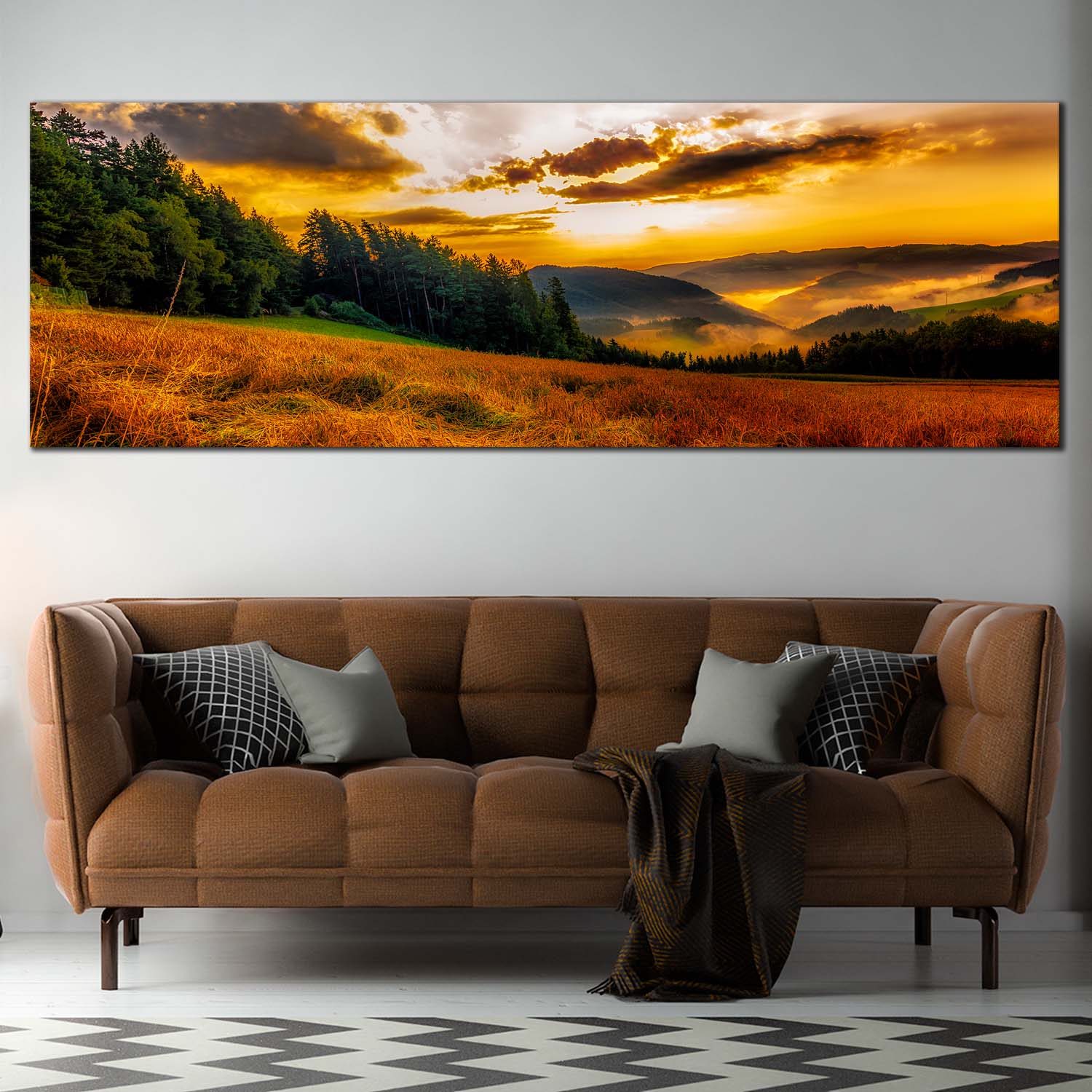 Rural Landscape Canvas Wall Art, Yellow Sky Misty Landscape Panoramic - Dwallart