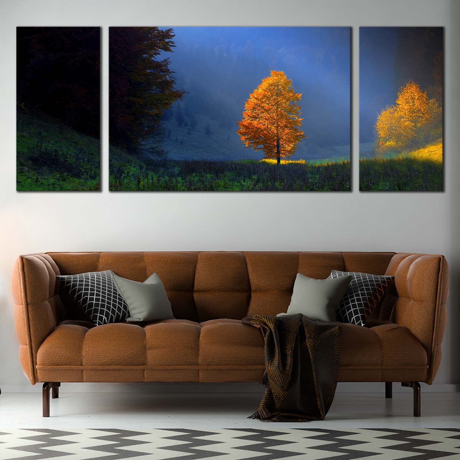 Majestic Scenery Canvas Wall Art, Golden Orange Trees Landscape Split ...
