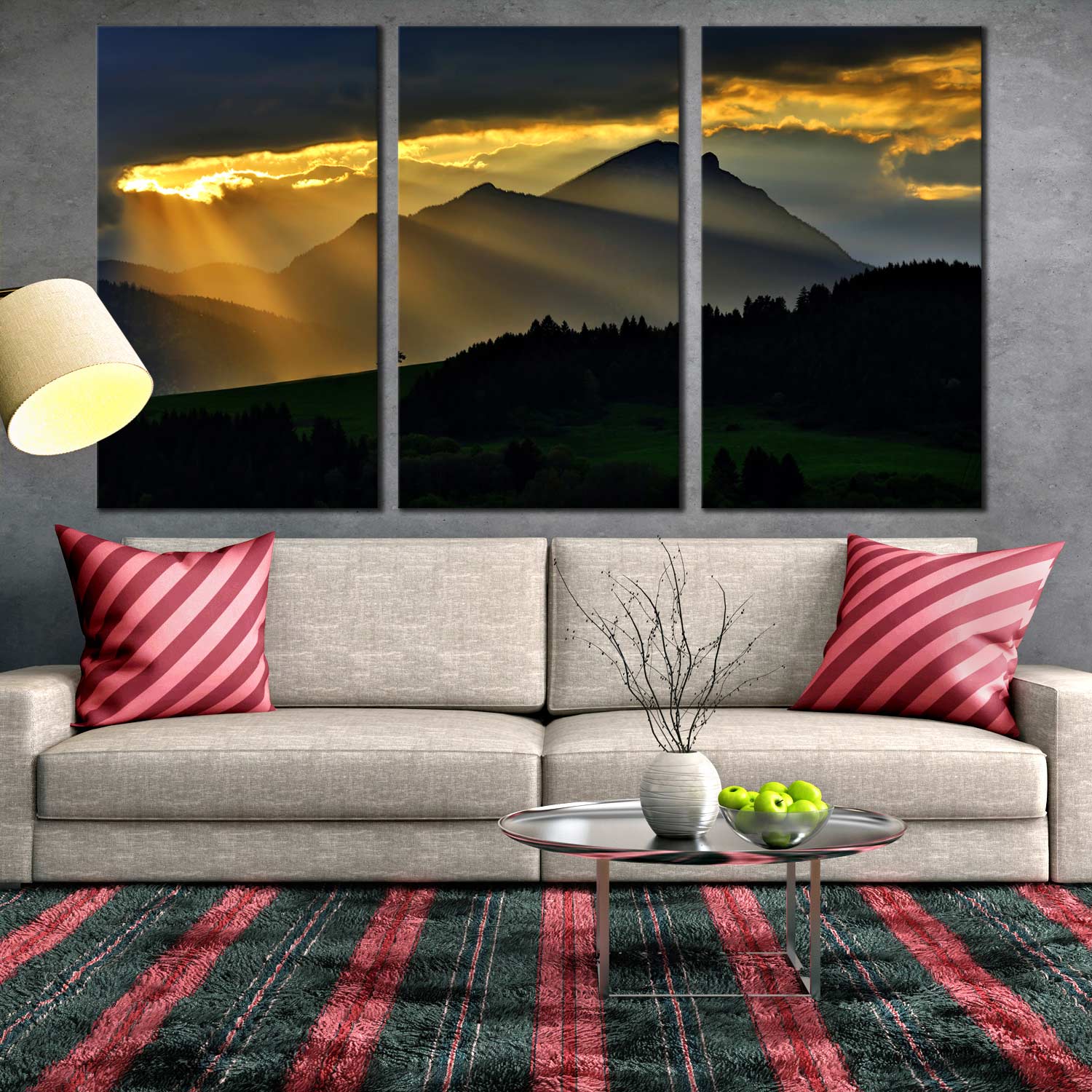 Triptych Wall Art Mountains Landscape Sunrays Clouds, Magical Scenery ...