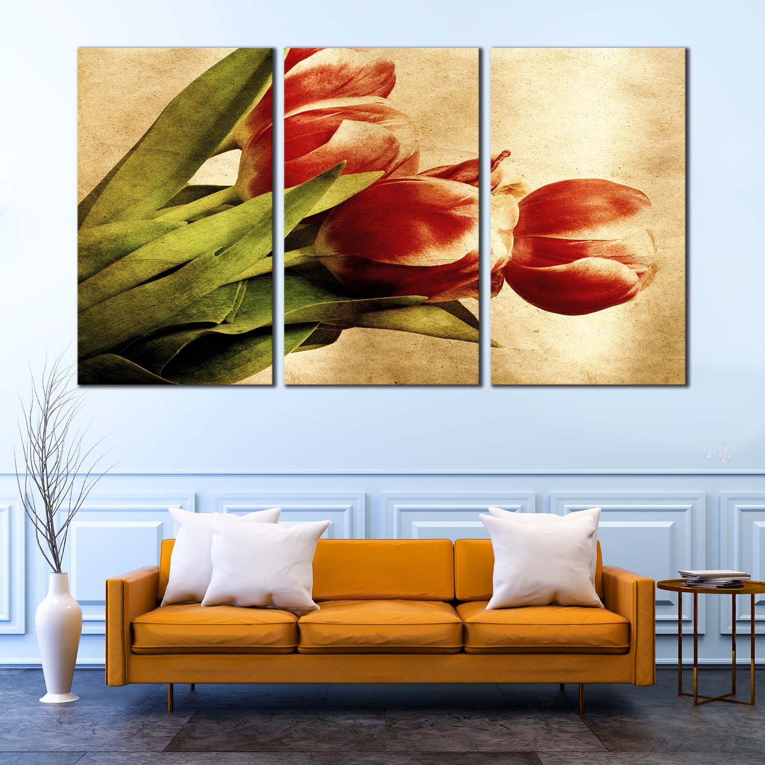 Vintage Tulips Canvas Wall Art, Green Leaves Floral 3 Piece Canvas ...