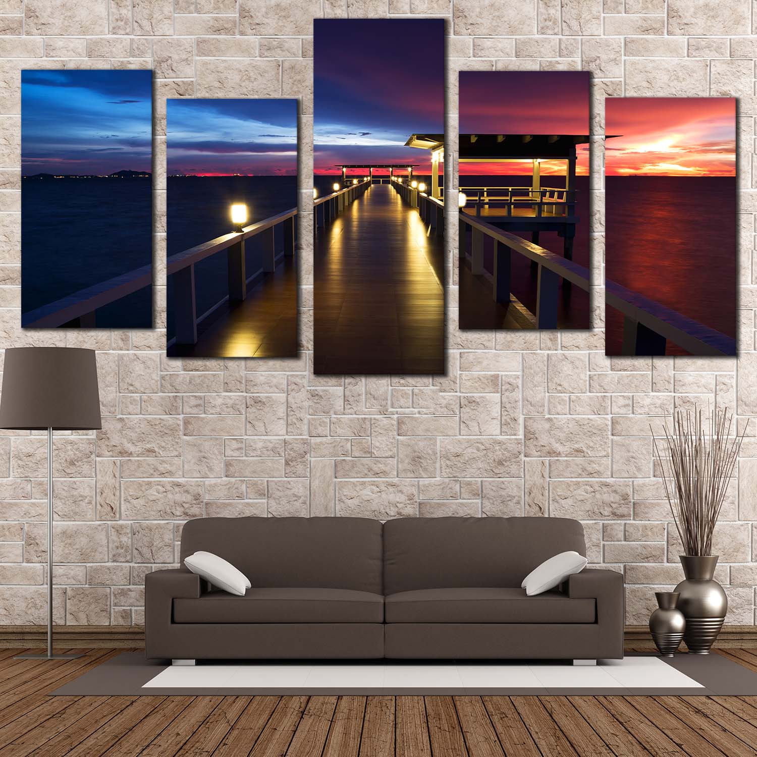 Wooden Pier Canvas Wall Art, Pier at Sea 5 Piece Canvas, Dramatic Blue