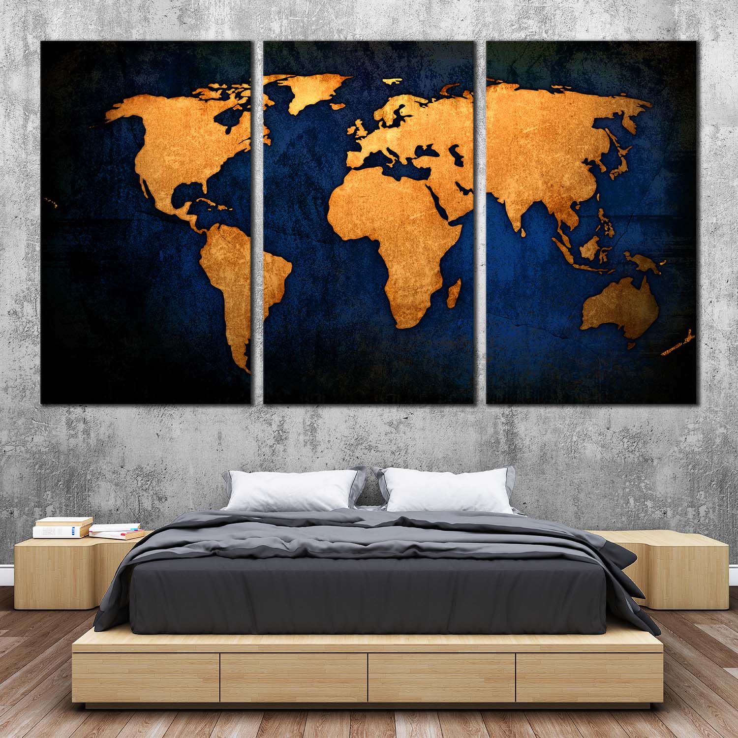 World Map Canvas Wall Art Blue Background Map Triptych Multiple Canva