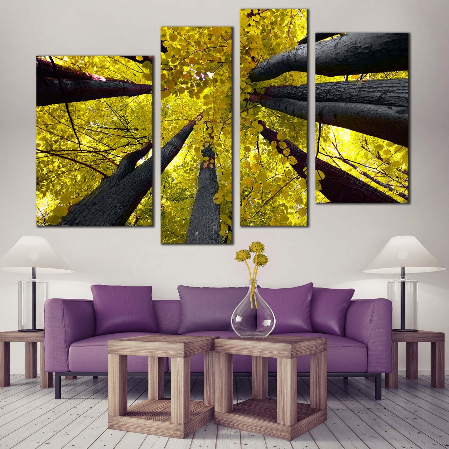 Forest Autumn Canvas Print, Grey Aspen Tree Canopy Canvas Set, Yellow ...