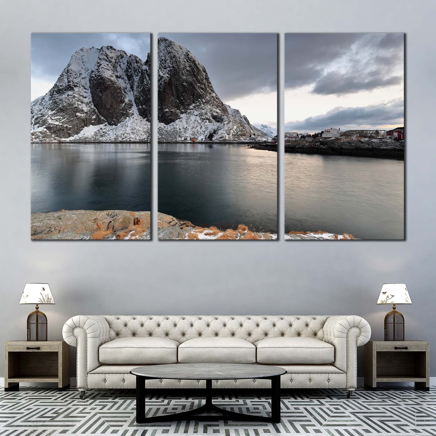 Mountain River Canvas Wall Art, Grey Lofoten Islands Canvas Print, Whi ...