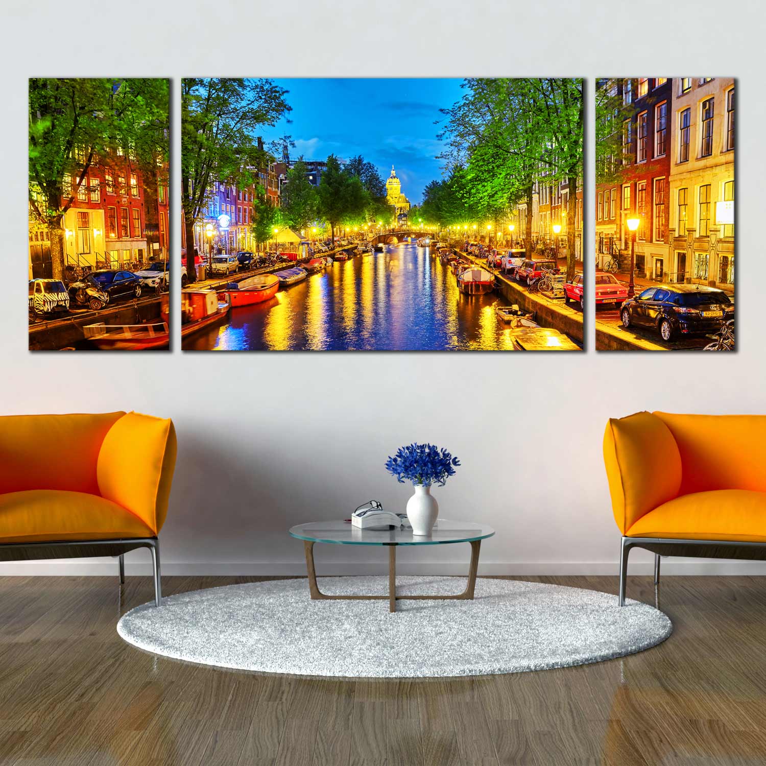 Triptych Canvas Prints Netherlands Amsterdam River City Lights Dusk ...