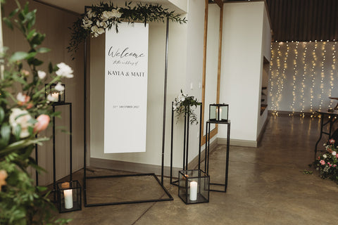 black and white wedding decor | bespoke signage | welcome area | prop hire Essex 