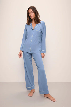 Eberjey Gisele Long PJ Set in Wedgewood Blue & Ivory - Romantiques