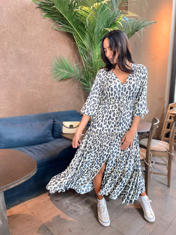 Long sleeve full length maxi dress in leopard print with converse trainers for cooler summer and winter weather. 