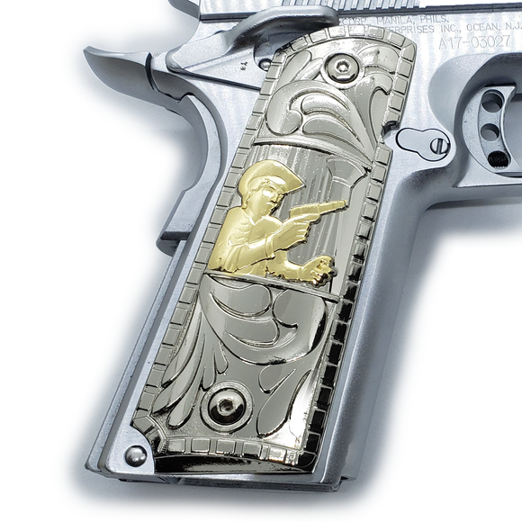 Chalino Sanchez 1911 Colt Full Size Ambi Cut Nickel Gold Plated Grips America 0791