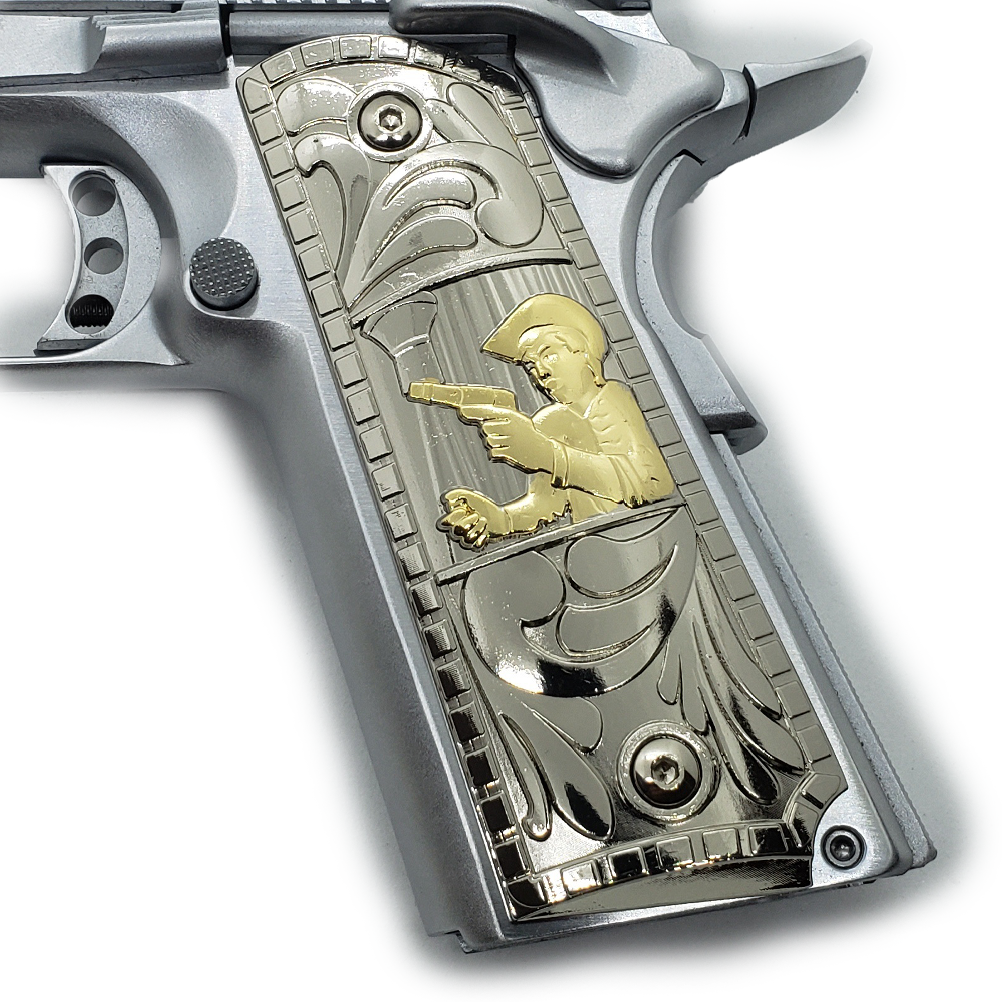 Chalino Sanchez 1911 Colt Full Size Ambi Cut Nickel Gold Plated Grips America 6964