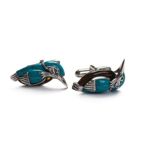  KINGFISHER BIRD CUFFLINKS IN SILVER, TURQUOISE AND AMBER