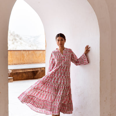 The Veda - Midi Cotton Block Print Dress -  Pink Floral Print