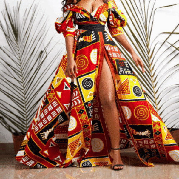 African Print V-neck High-waist Maxi Dress - Also Available in Blue