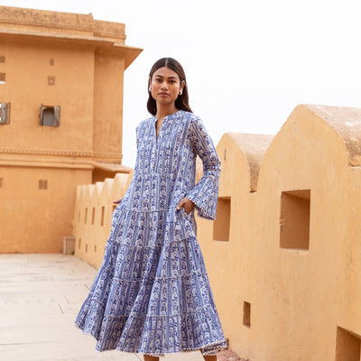 The Veda - Midi Cotton Block Print Dress -  Blue Floral Print