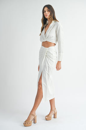Linen Front Twist Crop Top &amp; Slit Skirt Set