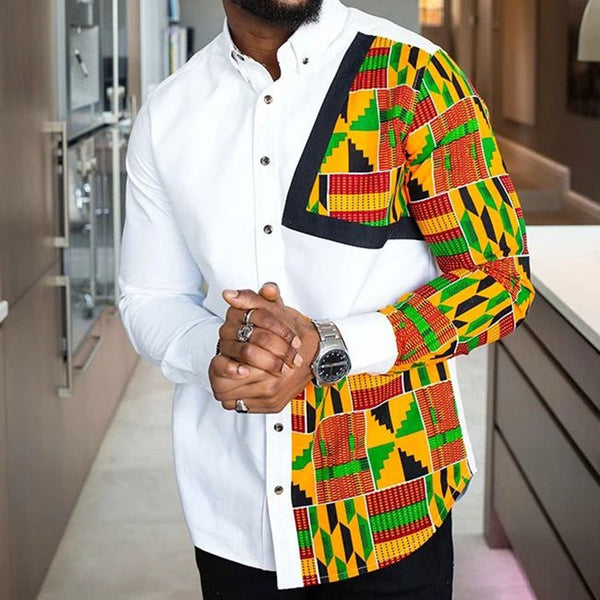 Men&#39;s Shirt with Dashiki Print Sleeve