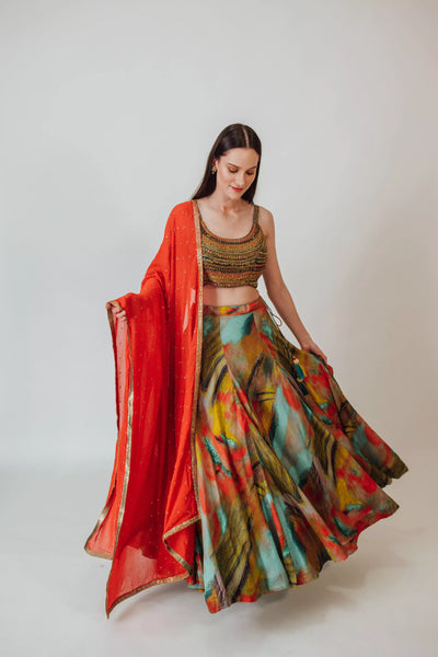 Multicolor Silk Lehenga with Beaded Blouse