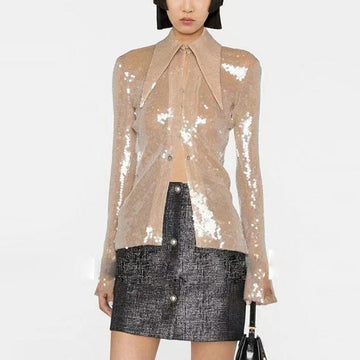 Star Transparent Sequin Glitter Gauzy Shirt Top with Side Slit