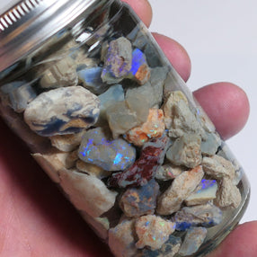 Lightning Ridge Rough Opal Parcel 350cts potch &amp; some Colour mixed knobby fossil seam (shown in jar) 22mm to chip size JanA54