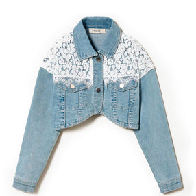 Twinset Kids Giacca Crop in Denim con Pizzo