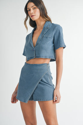 M Denim Crop Jacket and Overlay Skort Set