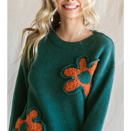 Flower Power Teal Textured Sweater