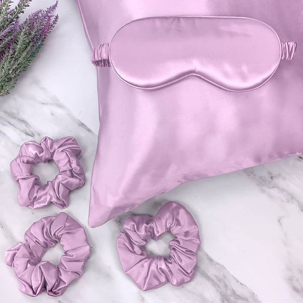 Lavender Silk Pillowcase, Eye Mask &amp; Scrunchies Gift Set