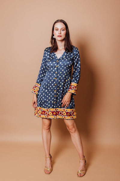 Blue Printed Kisha Dress with Embroidered Trim