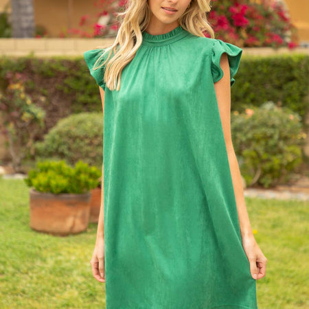 Walk on Water Green Suede Ruffle Sleeve Dress