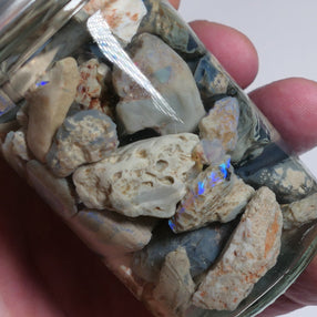 Lightning Ridge Rough Opal Parcel 350cts potch &amp; some Colour mixed knobby fossil seam (shown in jar) 22mm to chip size JanA55