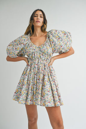 Floral Print V-Neck Puff Sleeve Mini Dress