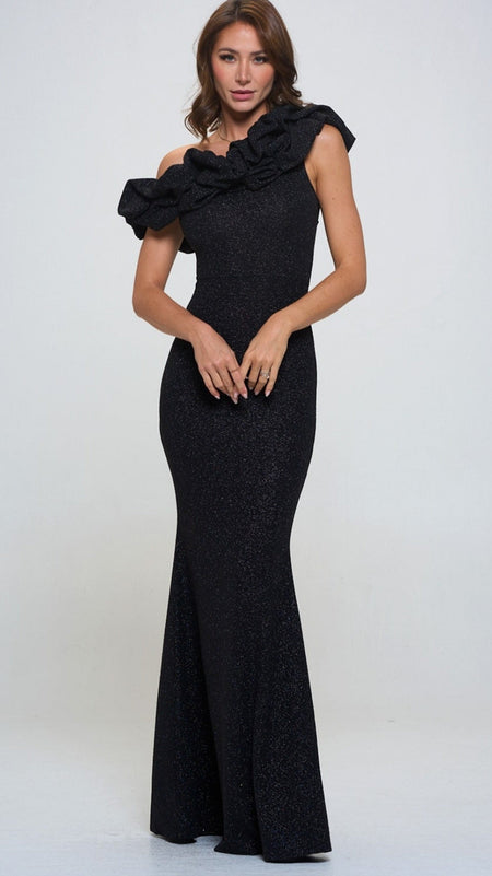 Glitter Ruffle One Shoulder Maxi Dress