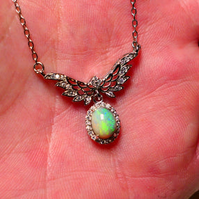 Miners Bench Stunning N6 Dark Base Opal Bright Gorgeous Multifires 8mm x  6mm Oval 0.9cts in Sterling Silver 925 Necklace setting with Cubic Zirconia FN17