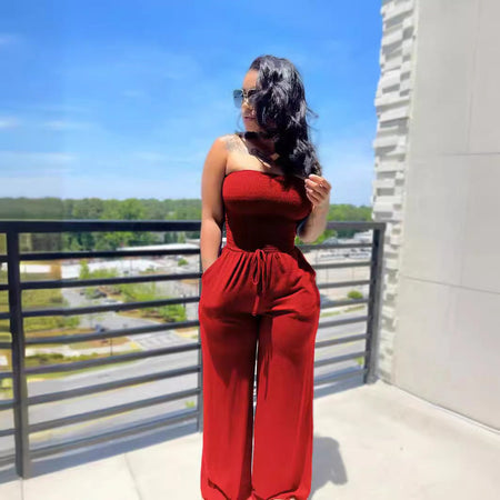 Solid color sanded tube top wide-leg jumpsuitCL12136