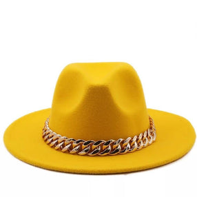 Fedora with faux chain-mustard