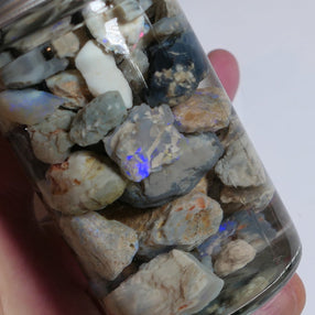 Lightning Ridge Rough Opal Parcel 350cts potch &amp; some Colour mixed knobby fossil seam (shown in jar) 22mm to chip size JanA53