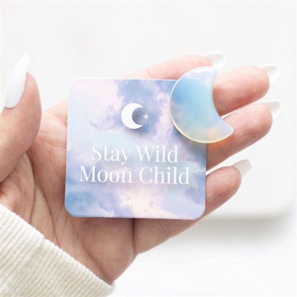 &#39;Stay Wild, Moon Child&#39; Moonstone Crystal Crescent Moon Gift