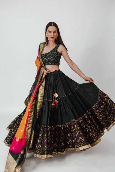 One Shoulder Forest Green Full Flare Tiered Lehenga