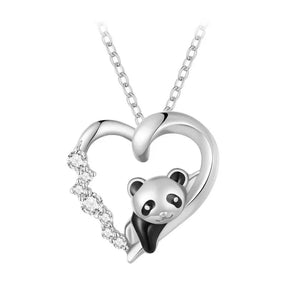 Baby Panda Crystal Heart Sterling Silver Necklace
