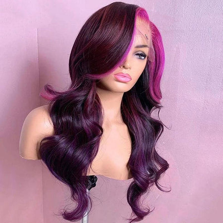 13x4/13x6 Lace Front Side Part Highlight Money Piece Pink Purple Human Hair Wig Hd Transparent Lace Body Wave Wig