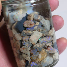 Lightning Ridge Rough Opal Parcel 350cts potch &amp; some Colour mixed knobby fossil seam (shown in jar) 22mm to chip size JanA51