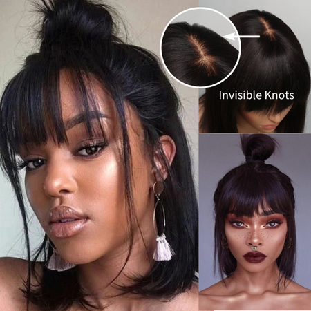 (Super Deal)Easy Wear &amp;Go 3x2 Closure Wigs Straight Bob With Bangs Undetectable Transparent Lace Wig