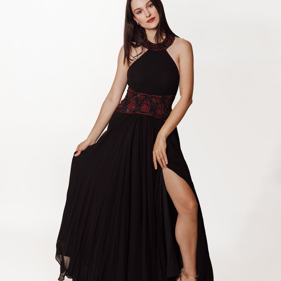 Vivenne Black Halter Gown with Beaded Neckline and Waist