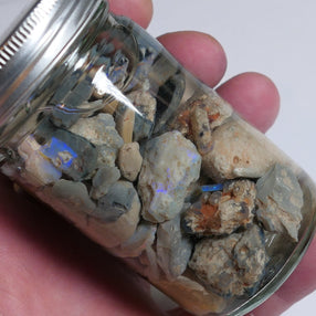Lightning Ridge Rough Opal Parcel 350cts potch &amp; some Colour mixed knobby fossil seam (shown in jar) 22mm to chip size JanA52