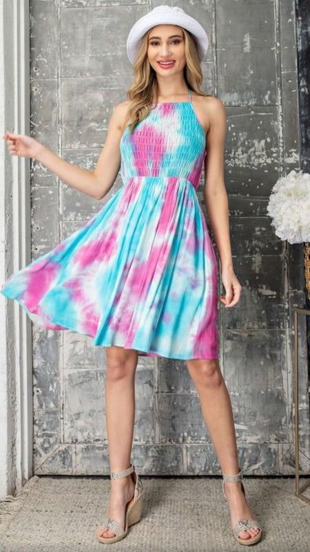 Jayla Halter Dress - Tie Dye Pink