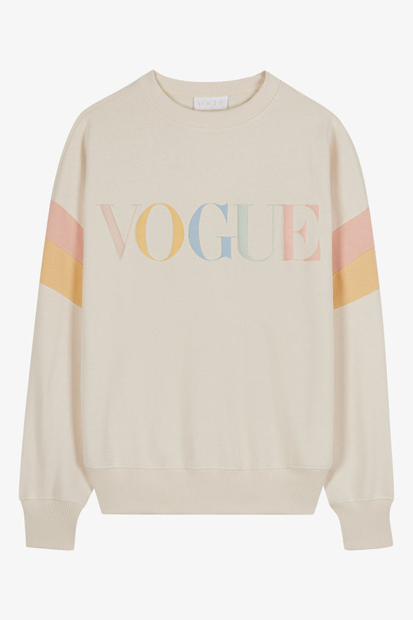 Sudadera VOGUE crema con logo rainbow pastel y detalle en mangas