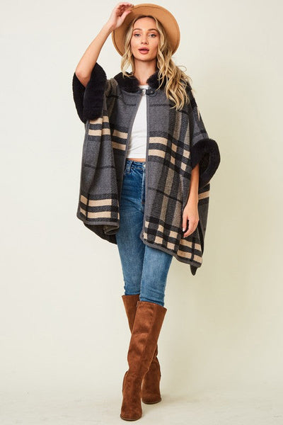 Fur Trim Plaid Jacquar Poncho