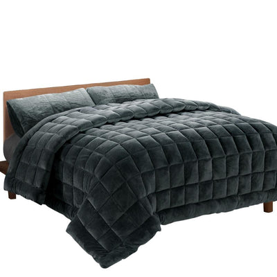 Faux Mink Quilt Fleece Throw Blanket Comforter Charcoal King
